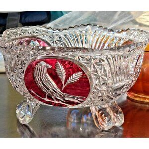 Hofbauer Byrdes Ruby Footed Crystal Bowl 7 1/2” Across 4” High Candy Dish 1970s